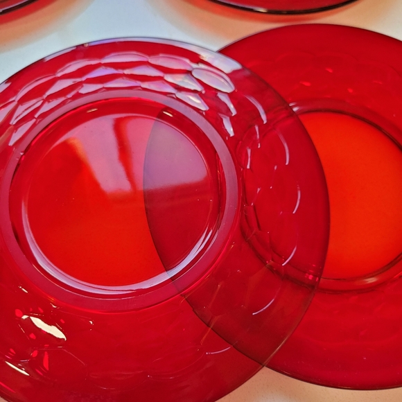 SOLD Ruby Red Plates Georgian Thumbprint Luncheon Dessert Salad 8" Set 4 - Picture 4 of 11